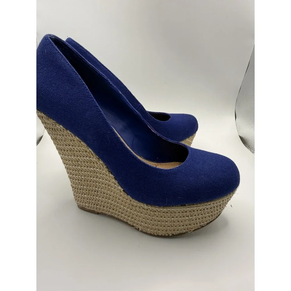 Steve Madden Pamelaa Blue Canvas Espadrille Wedge Heels Size 6.5M Platform